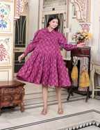 Miravan Women's Magenta Pure Cotton Long Puff Sleeve Gathered Tiered Loose Fit A-Line Dress | Grocsy