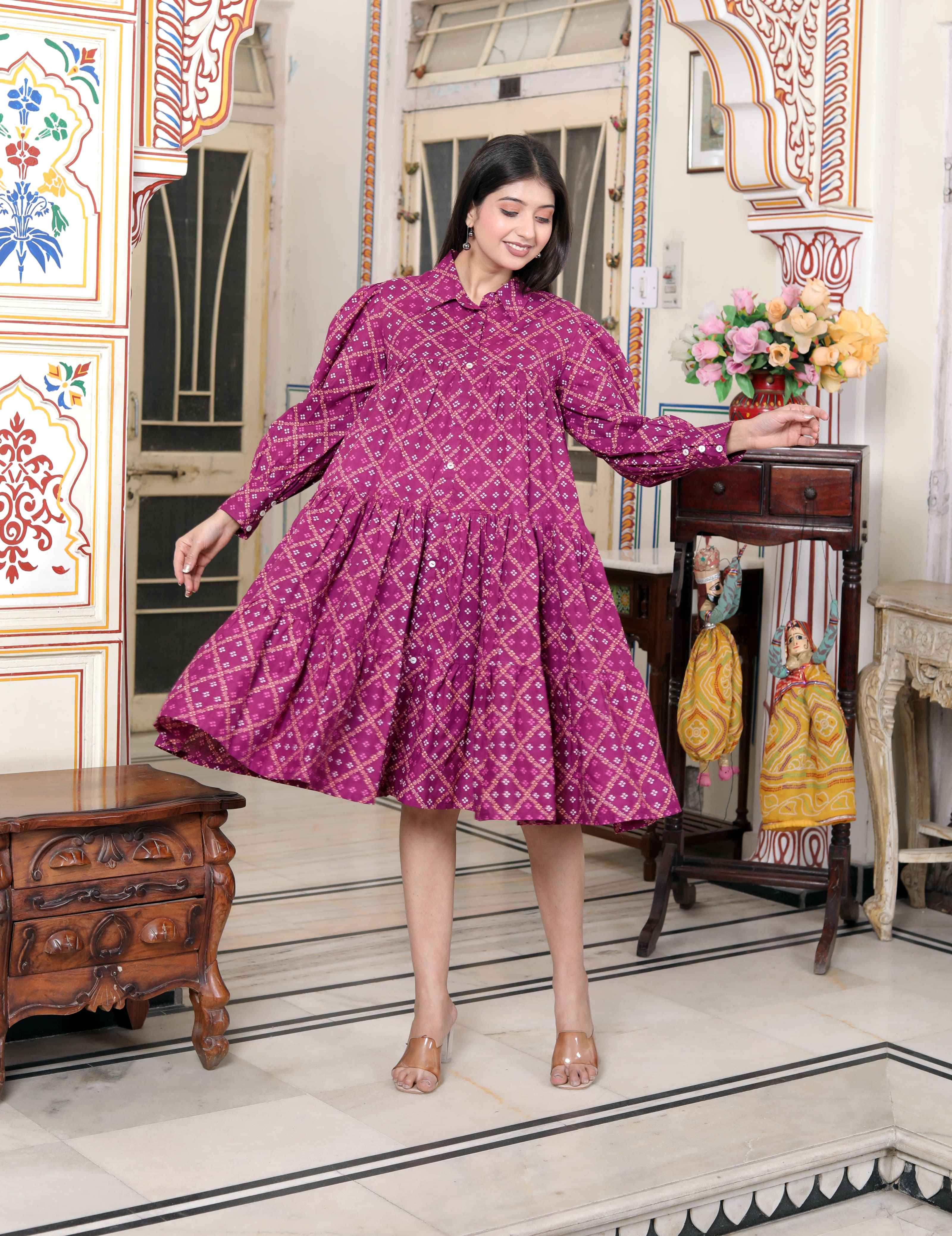 Miravan Women's Magenta Pure Cotton Long Puff Sleeve Gathered Tiered Loose Fit A-Line Dress | Grocsy