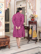 Miravan Women's Magenta Pure Cotton Long Puff Sleeve Gathered Tiered Loose Fit A-Line Dress | Grocsy