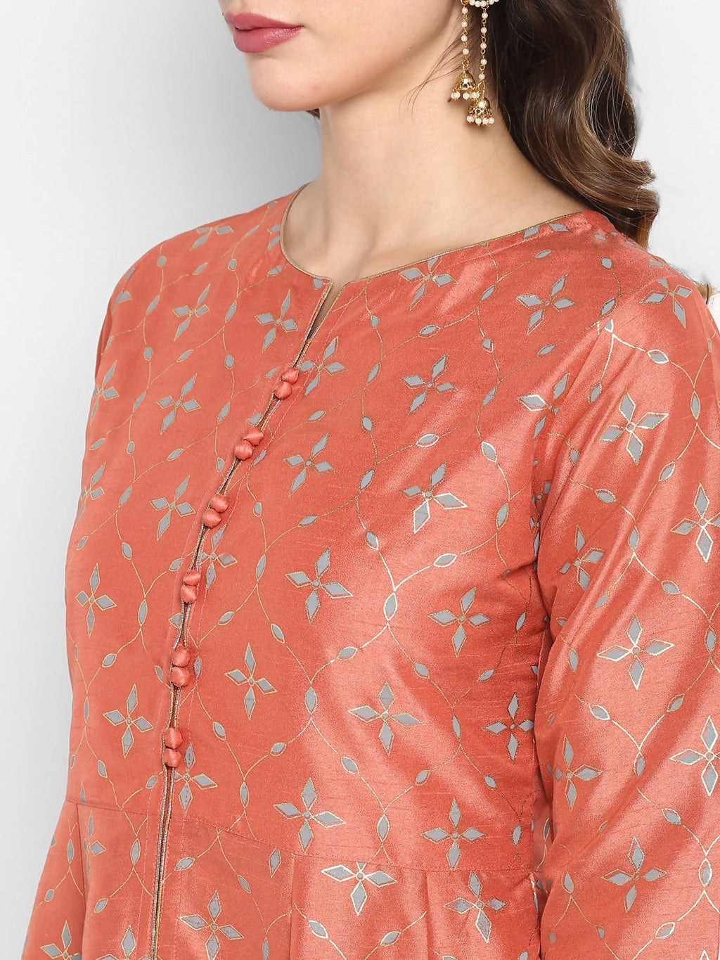 Janasya Women Peach & Grey Floral Print Anarkali Kurta with Palazzos & Dupatta | Grocsy