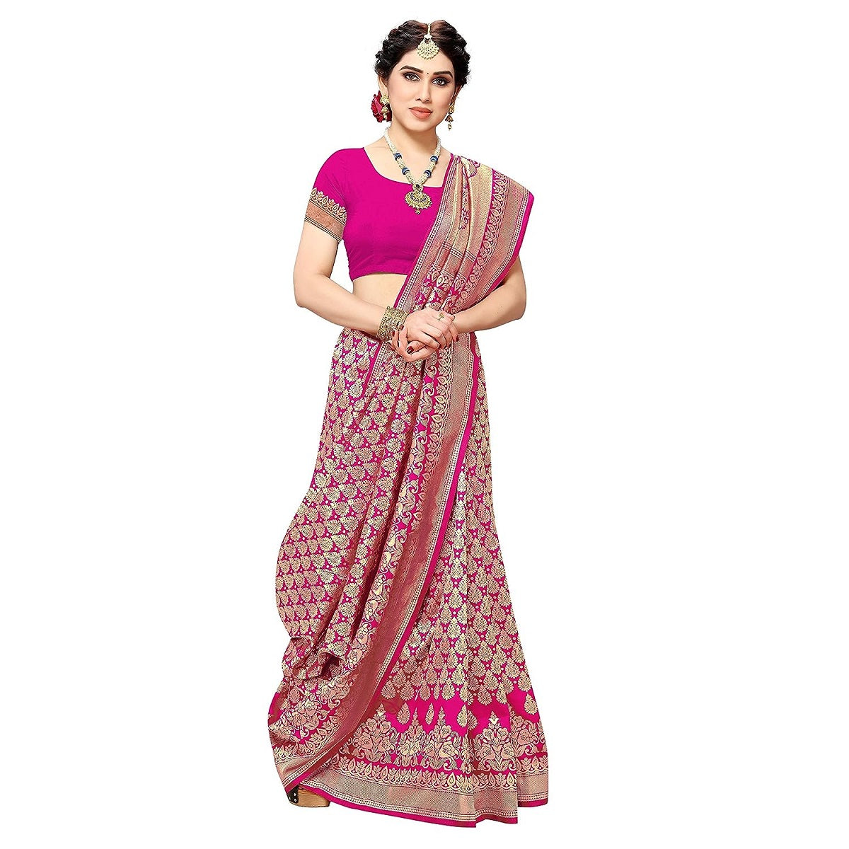 Vamika Pink Banarasi Jacquard Weaving Saree | Grocsy