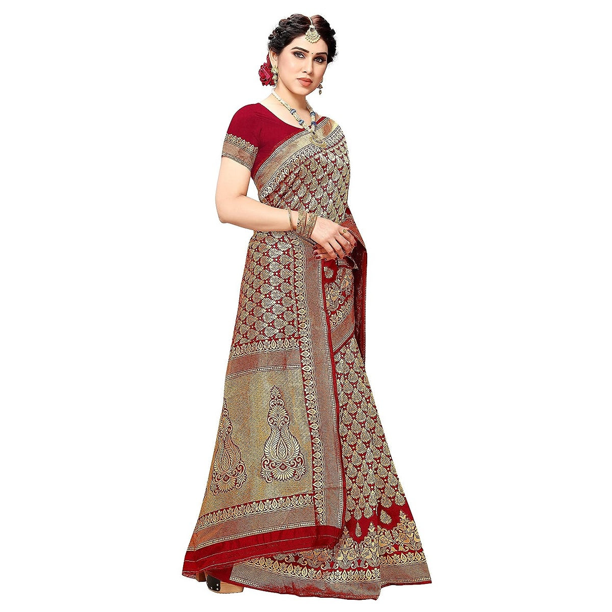 Vamika Red Banarasi Jacquard Weaving Saree | Grocsy