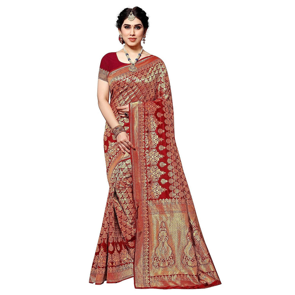 Vamika Red Banarasi Jacquard Weaving Saree | Grocsy