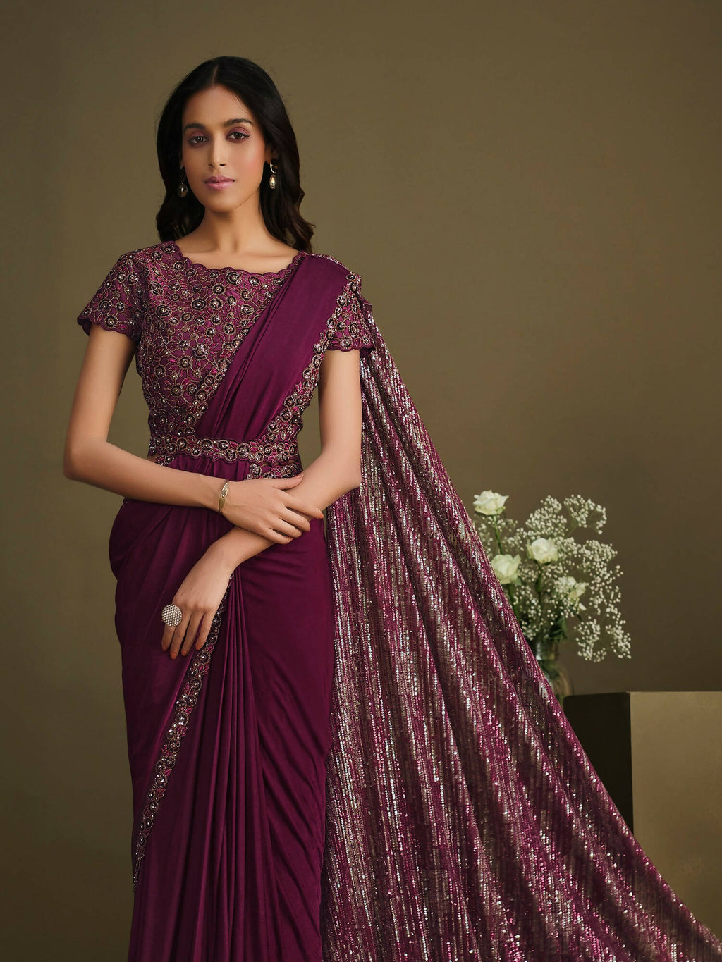 Maroon Crystal Silk Sequence Embroidered Saree With Stitched Blouse - Mohmanthan La Belle | Grocsy