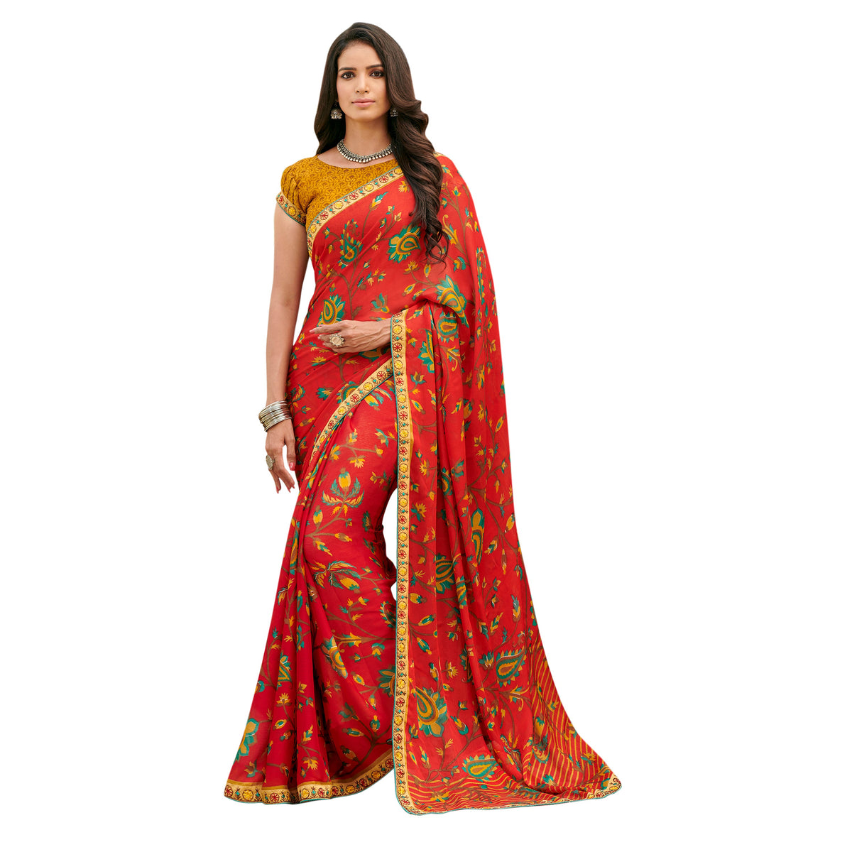 Vamika Orange Cadbury Chiffon Georgette Saree Saree | Grocsy