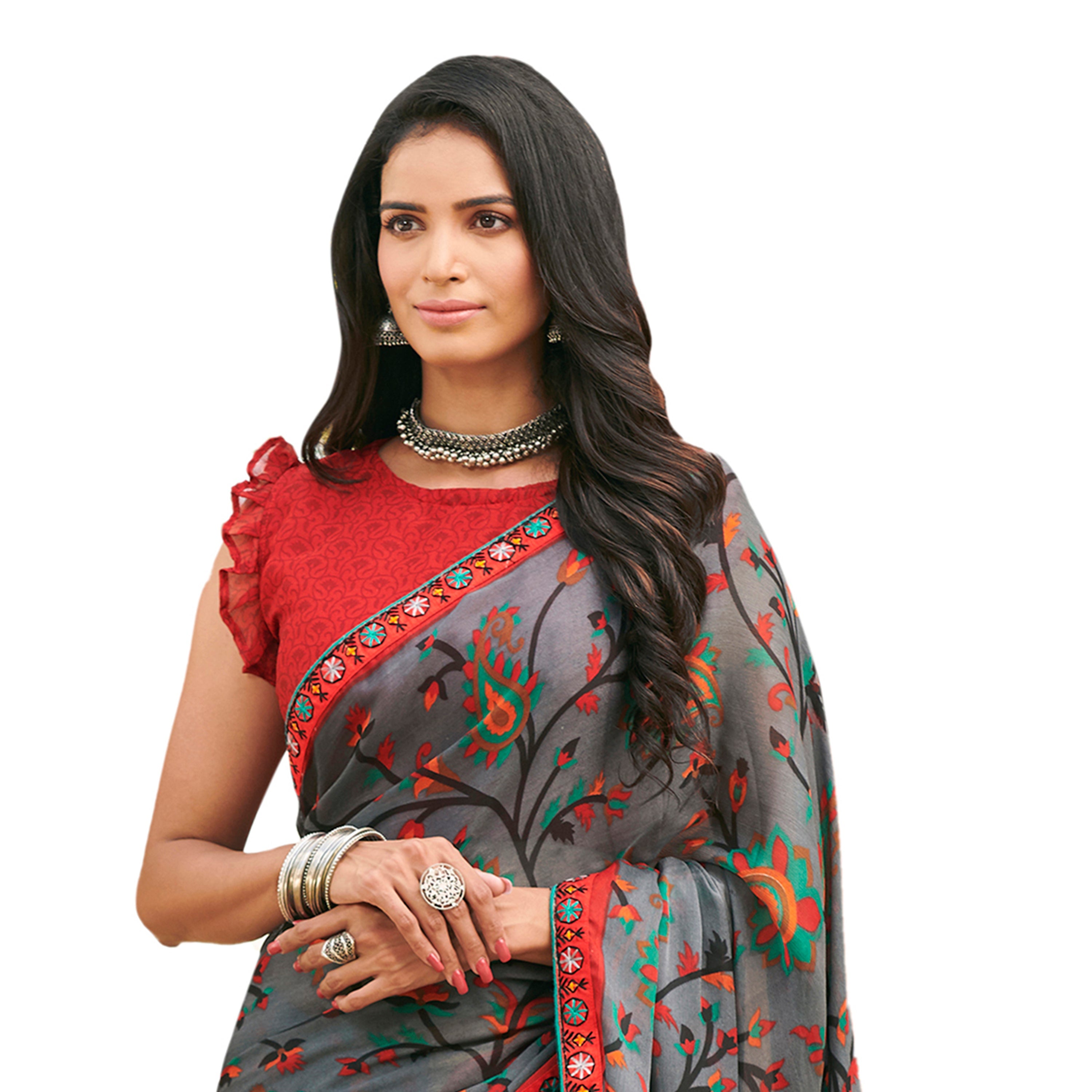 Vamika Grey Cadbury Chiffon Georgette Saree Saree | Grocsy