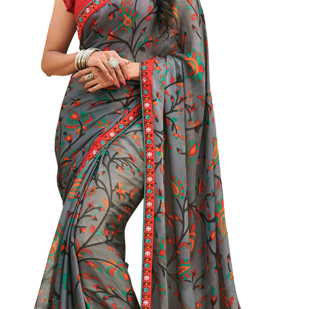 Vamika Grey Cadbury Chiffon Georgette Saree Saree | Grocsy