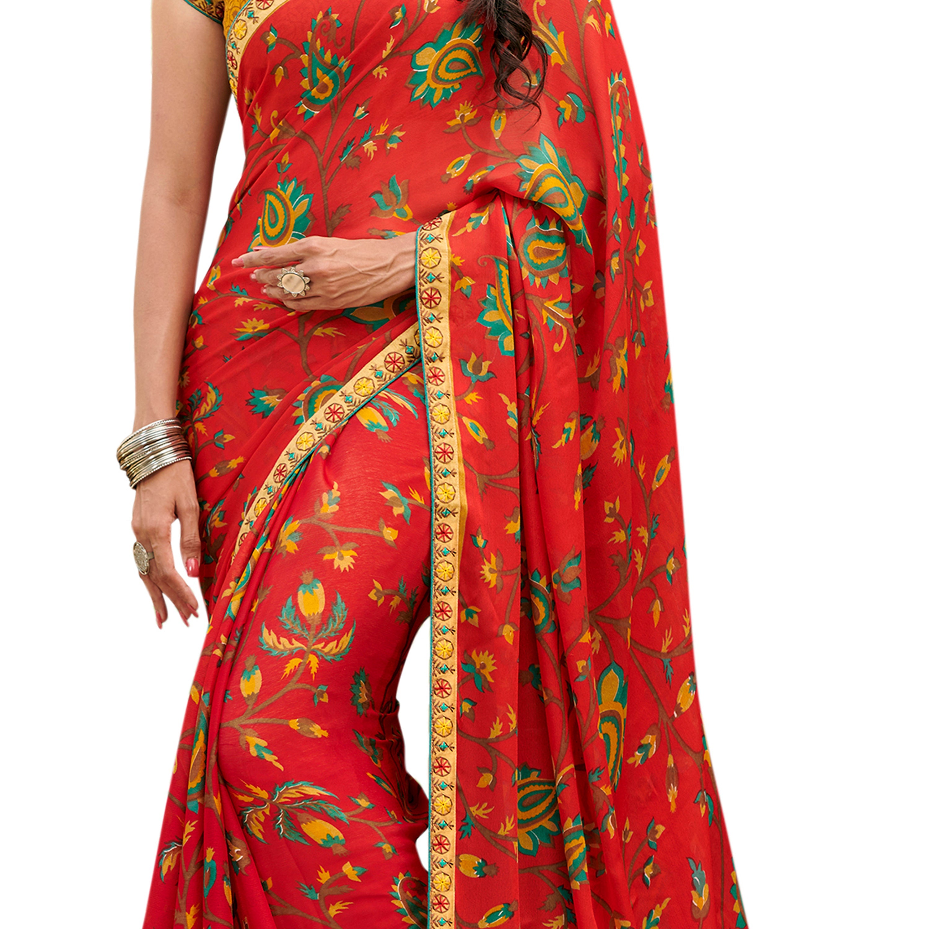 Vamika Orange Cadbury Chiffon Georgette Saree Saree | Grocsy