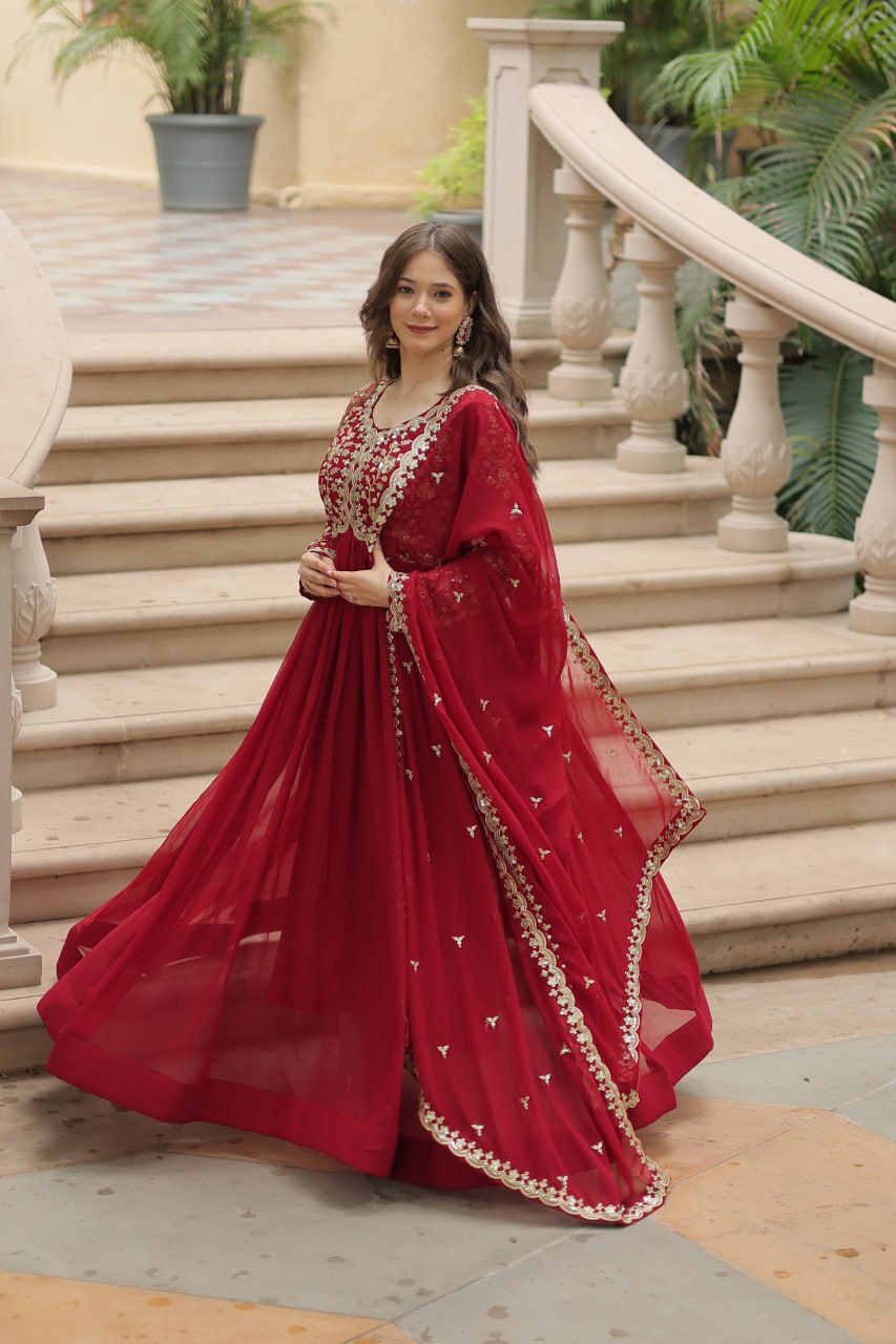 Evanik Maroon Faux Blooming Gown With Dupatta With Sequins-Multi & Zari Embroidered Work | Grocsy