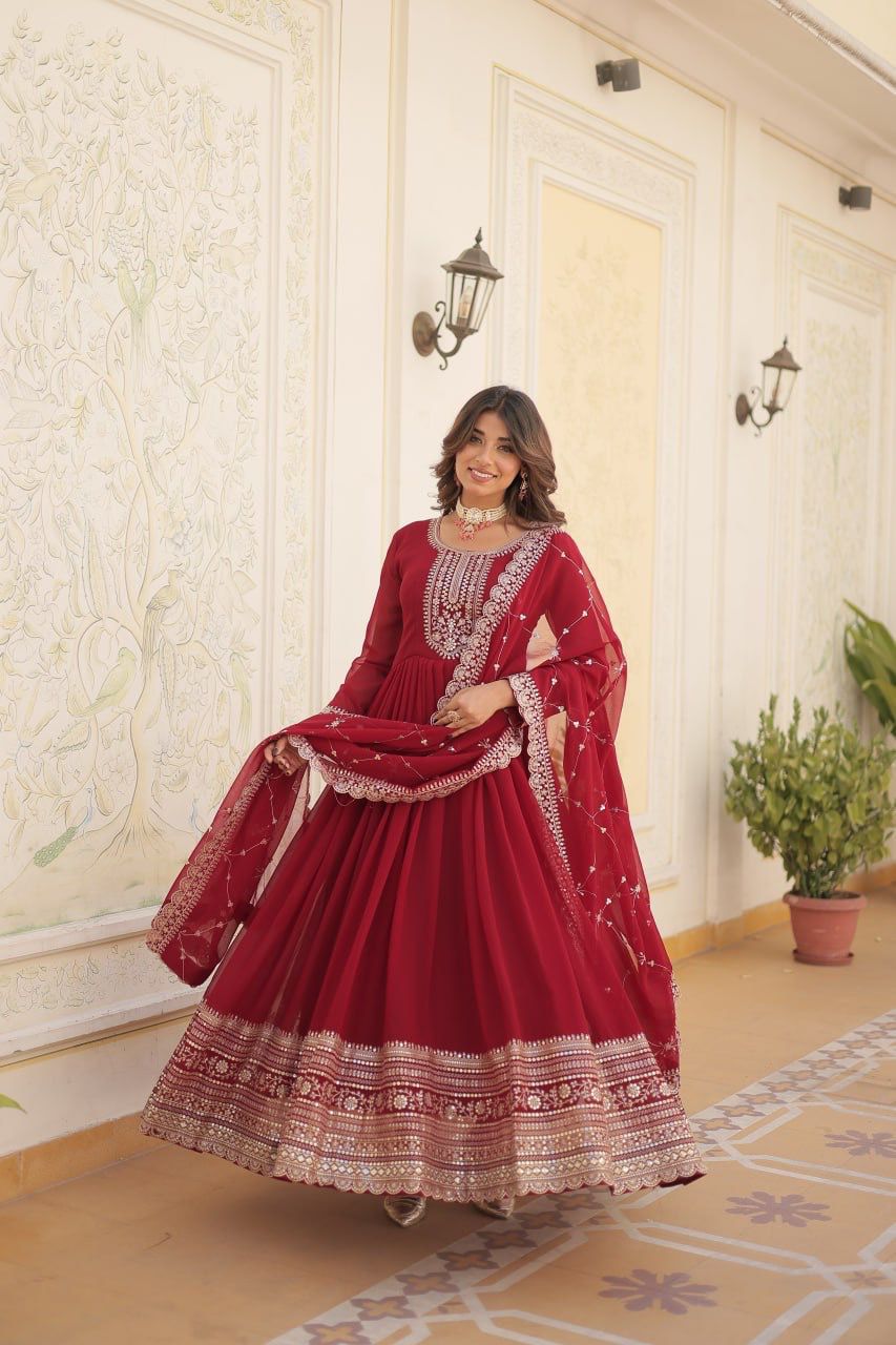 Evanik Red Faux Blooming Gown with Dupatta With Attractive Embroidered Sequins work | Grocsy