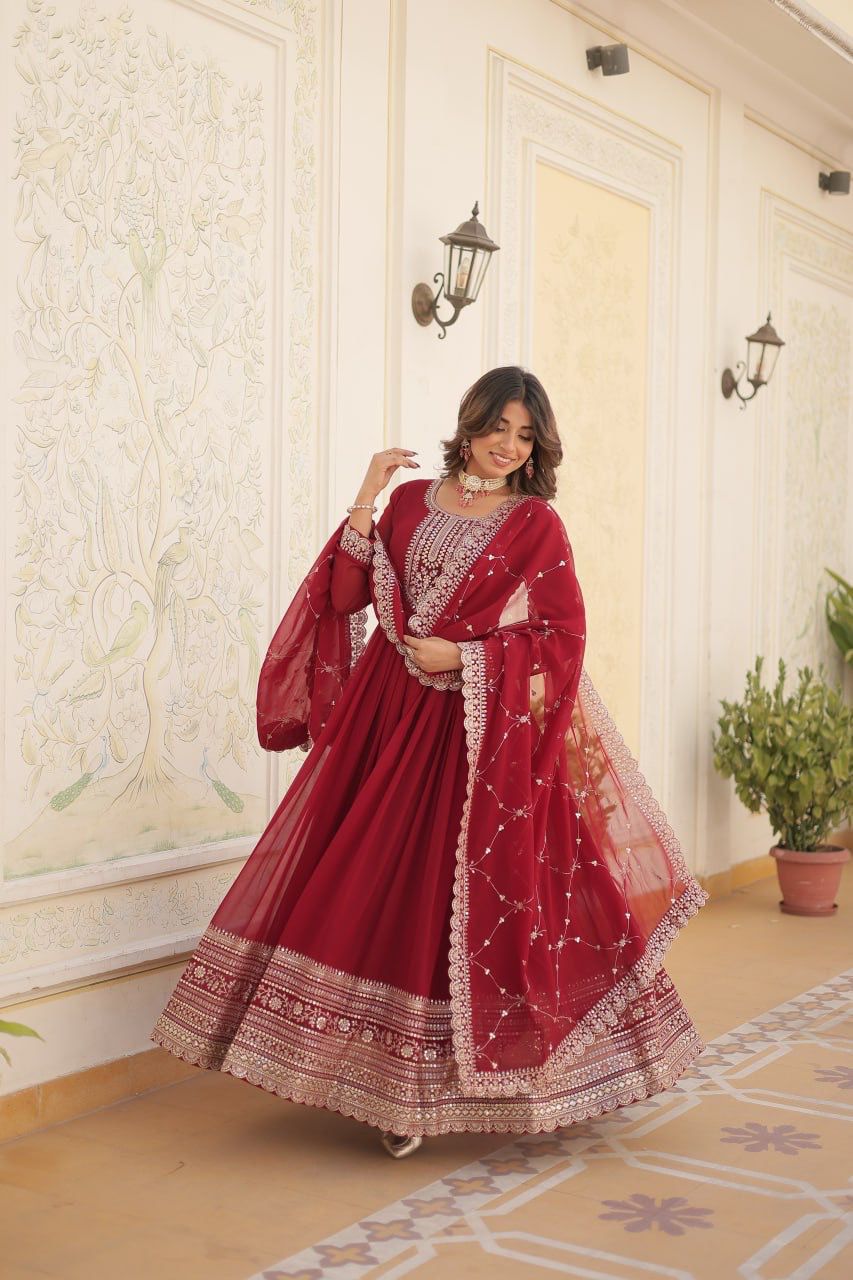 Evanik Red Faux Blooming Gown with Dupatta With Attractive Embroidered Sequins work | Grocsy