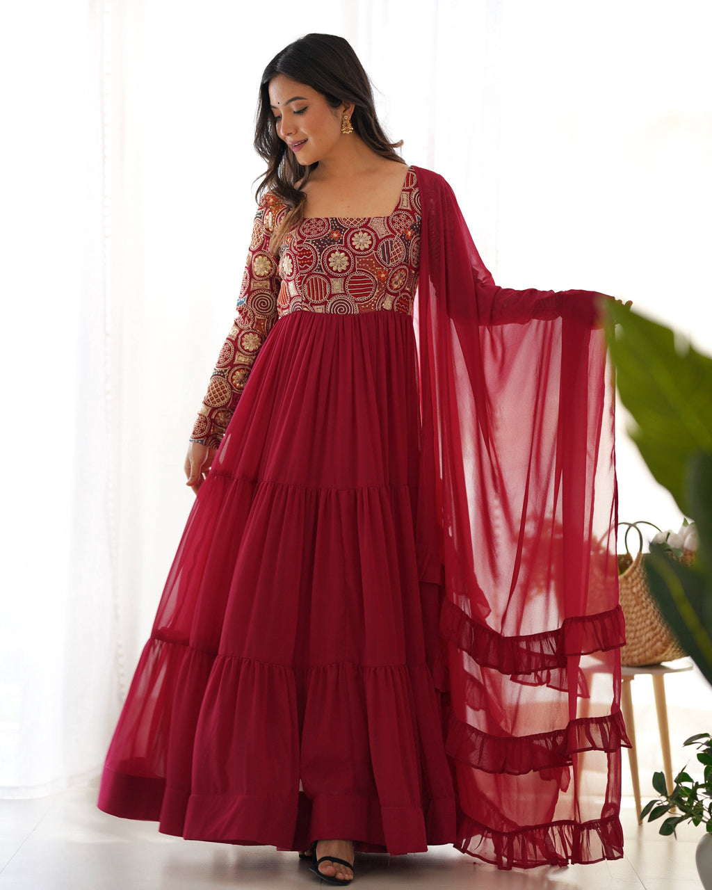 Evanik Women Maroon Festive Wear Embroidered Anarkali Kurta with Dupatta | Grocsy