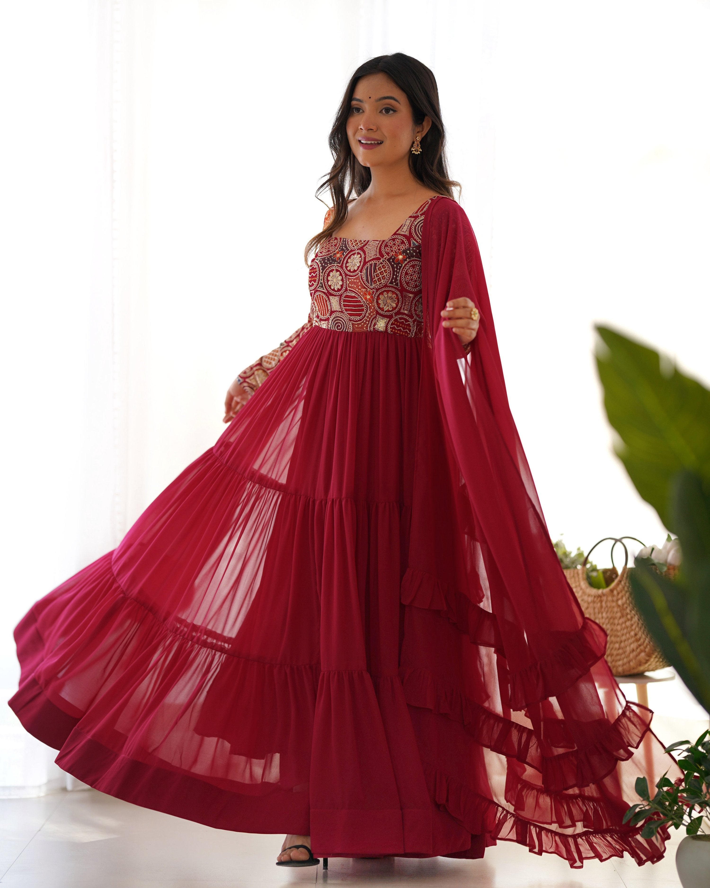 Evanik Women Maroon Festive Wear Embroidered Anarkali Kurta with Dupatta | Grocsy