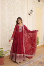 Evanik Red Faux Blooming Gown with Dupatta With Attractive Embroidered Sequins work | Grocsy