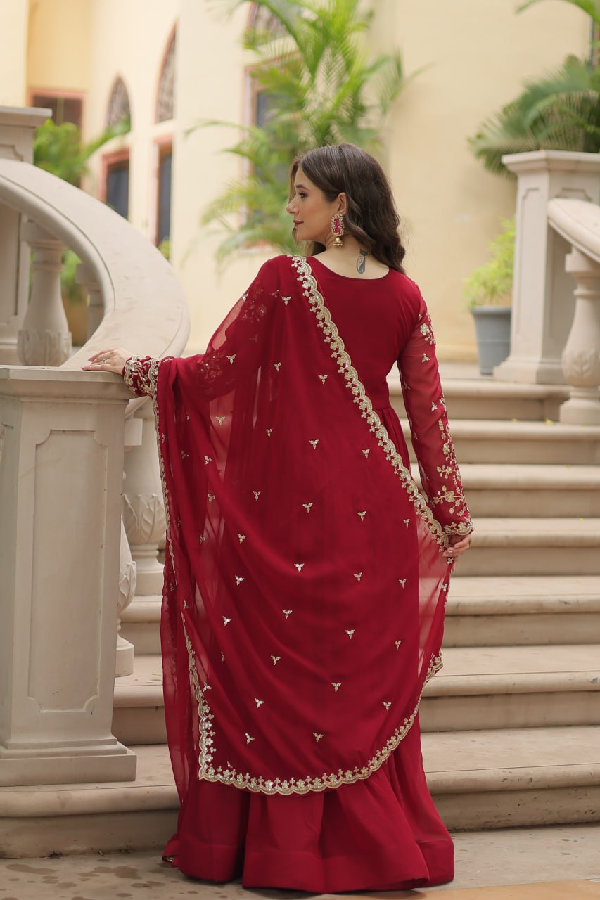 Evanik Maroon Faux Blooming Gown With Dupatta With Sequins-Multi & Zari Embroidered Work | Grocsy