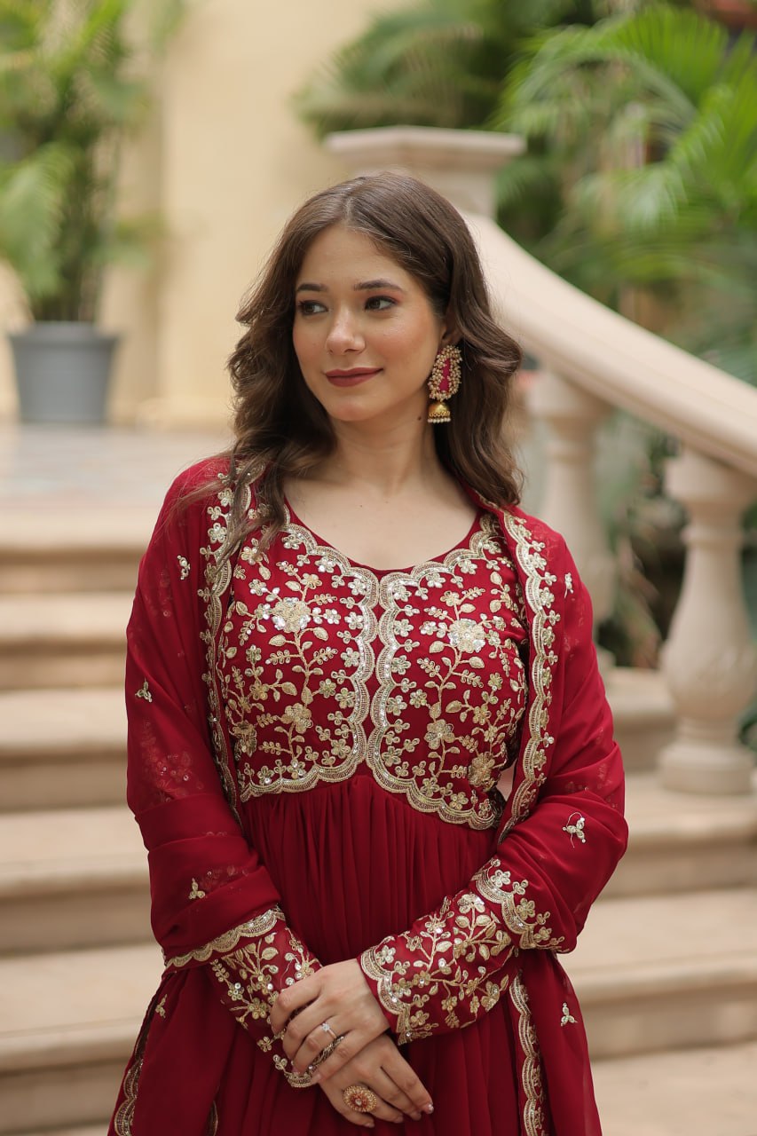 Evanik Maroon Faux Blooming Gown With Dupatta With Sequins-Multi & Zari Embroidered Work | Grocsy