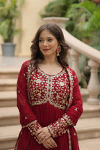 Evanik Maroon Faux Blooming Gown With Dupatta With Sequins-Multi & Zari Embroidered Work | Grocsy