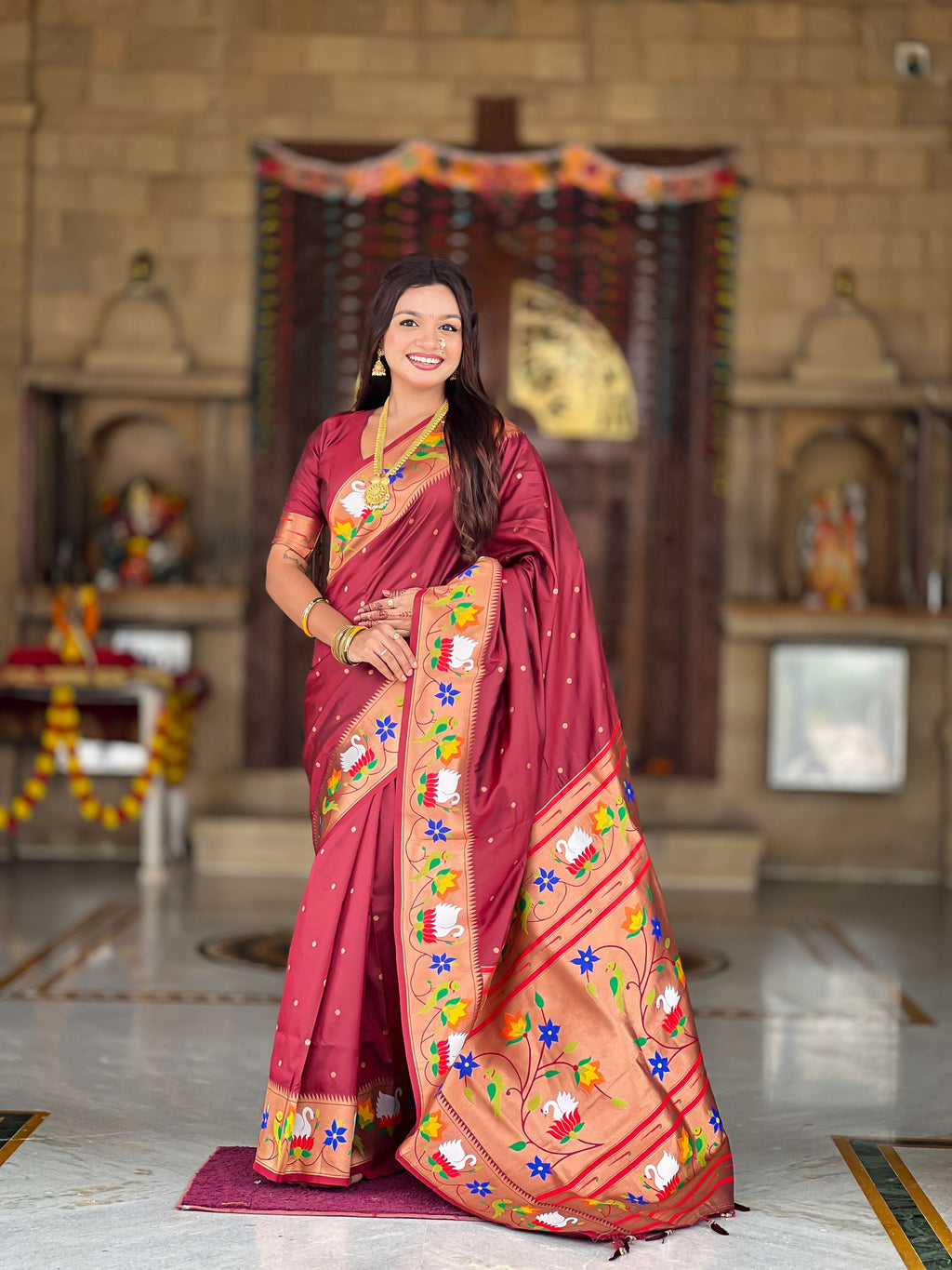Mameraa Sarees Coffee Faux Banarasi Silk Saree With Paithani Rich Weaved Pallu And Blouse-Maroon | Grocsy