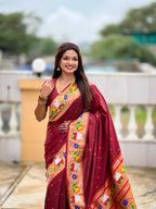 Mameraa Sarees Coffee Faux Banarasi Silk Saree With Paithani Rich Weaved Pallu And Blouse-Maroon | Grocsy