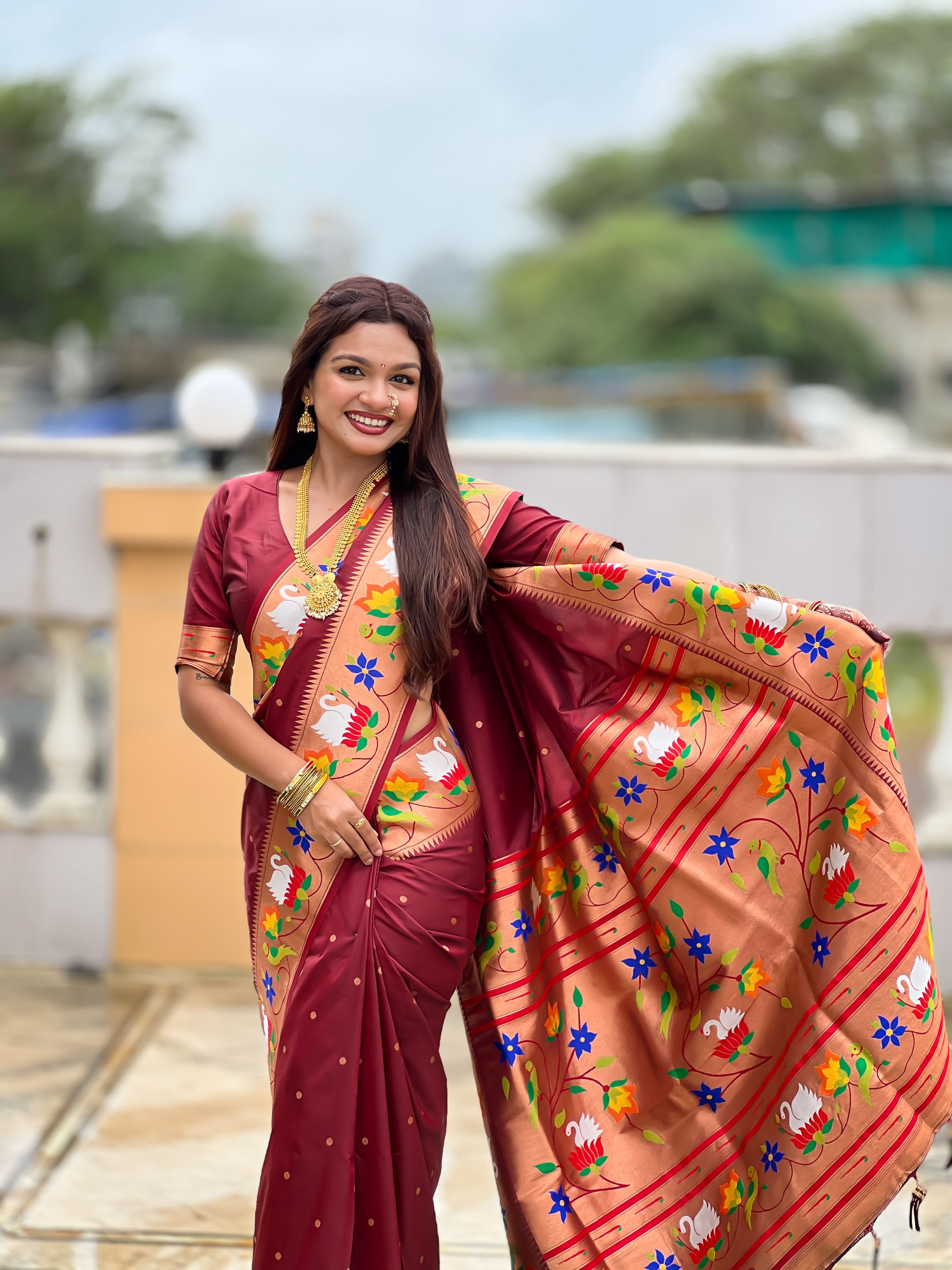Mameraa Sarees Coffee Faux Banarasi Silk Saree With Paithani Rich Weaved Pallu And Blouse-Maroon | Grocsy