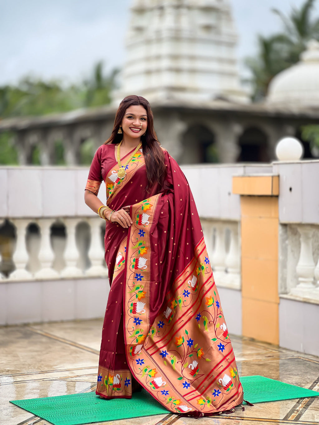 Mameraa Sarees Coffee Faux Banarasi Silk Saree With Paithani Rich Weaved Pallu And Blouse-Maroon | Grocsy