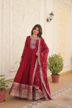 Evanik Red Faux Blooming Gown with Dupatta With Attractive Embroidered Sequins work | Grocsy