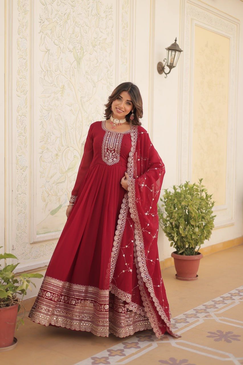 Evanik Red Faux Blooming Gown with Dupatta With Attractive Embroidered Sequins work | Grocsy
