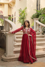 Evanik Maroon Faux Blooming Gown With Dupatta With Sequins-Multi & Zari Embroidered Work | Grocsy