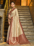 Anaita Off White Banarasi Saree With Blouse Piece | Grocsy
