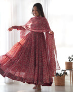 Lorenvalley Fashion Women Pure Soft Georgette Kalamkari Print Fully Flair Anarkali With Pant Dupatta Set - Maroon | Grocsy