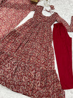 Evanik Maroon Pure Soft Georgette Kalamkari Print Fully Flair Anarkali With Pant Dupatta Set | Grocsy