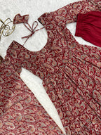 Lorenvalley Fashion Women Pure Soft Georgette Kalamkari Print Fully Flair Anarkali With Pant Dupatta Set - Maroon | Grocsy