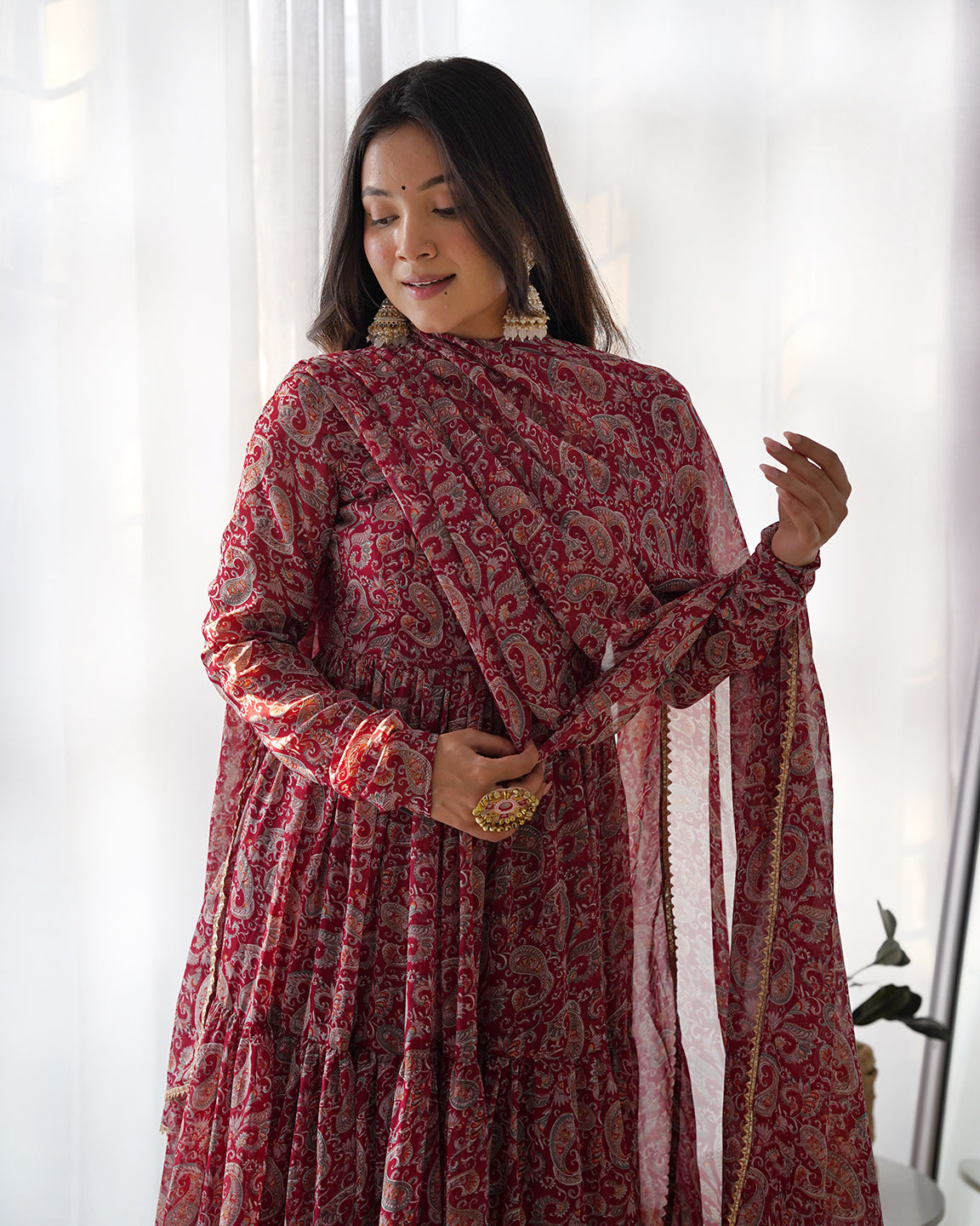 Lorenvalley Fashion Women Pure Soft Georgette Kalamkari Print Fully Flair Anarkali With Pant Dupatta Set - Maroon | Grocsy