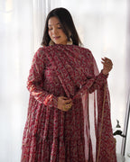 Evanik Maroon Pure Soft Georgette Kalamkari Print Fully Flair Anarkali With Pant Dupatta Set | Grocsy