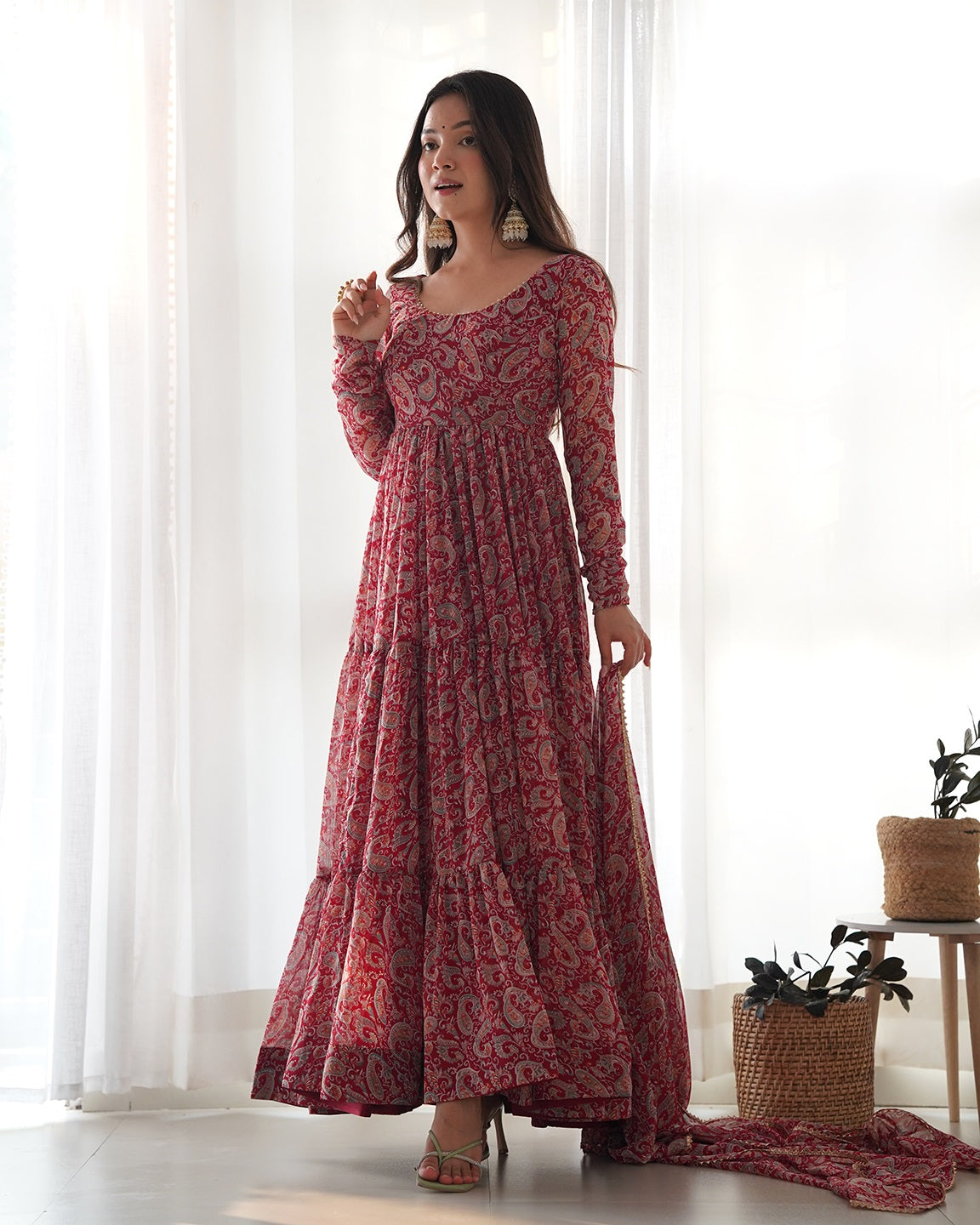 Evanik Maroon Pure Soft Georgette Kalamkari Print Fully Flair Anarkali With Pant Dupatta Set | Grocsy