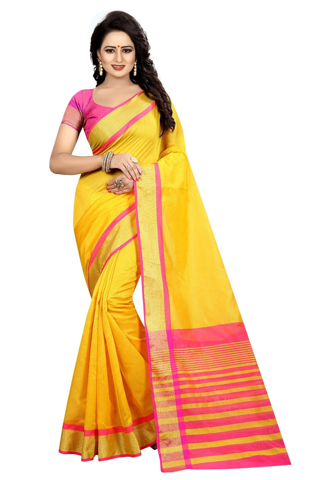 Vamika Yellow Cotton Silk Weaving Saree | Grocsy