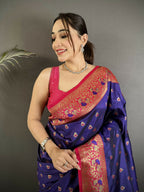 Joban Fashion Royal Blue Intricate Motifs Soft Silk Banarasi Saree | Grocsy