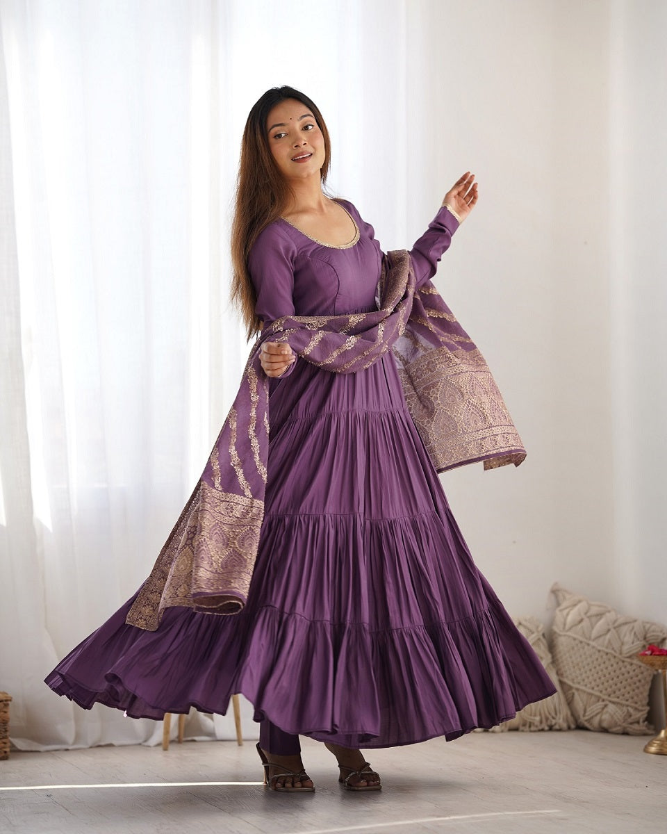 Evanik Mauve Pure Roman Silk Chanderi With Fully Flair Anarkali Pant With Dupatta | Grocsy