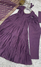 Evanik Mauve Pure Roman Silk Chanderi With Fully Flair Anarkali Pant With Dupatta | Grocsy