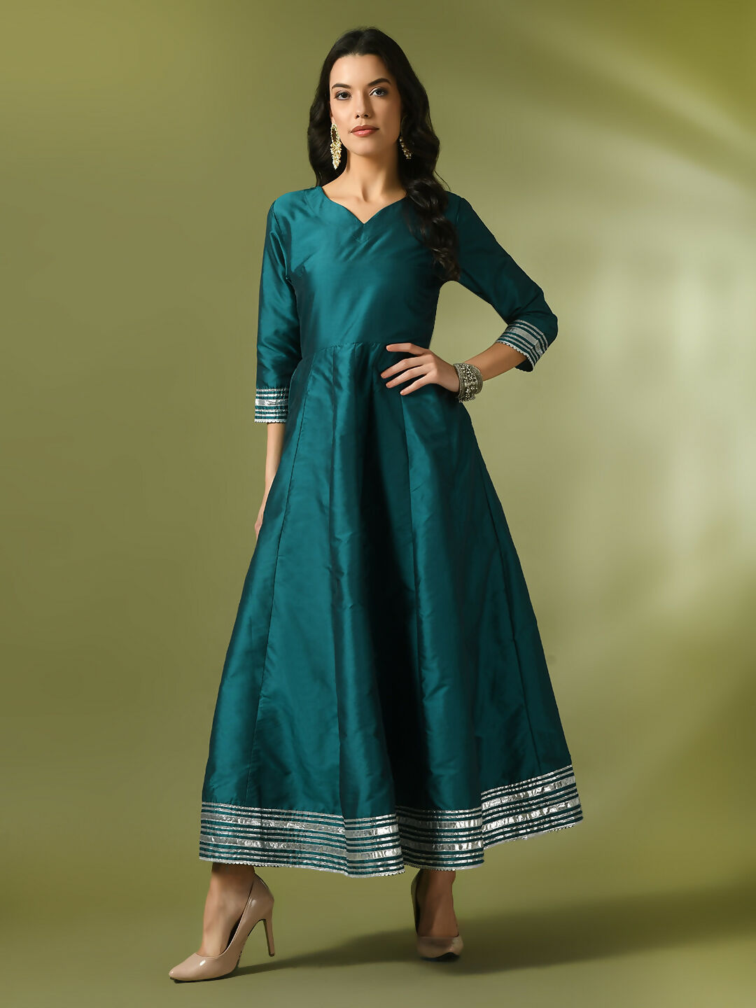 Myshka Women's Teal Solid Silk Anarkali Party Kurta | Grocsy