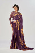Vastranavya Wine Satin Silk Elegant Printed Saree with Unstitched Blouse | Grocsy