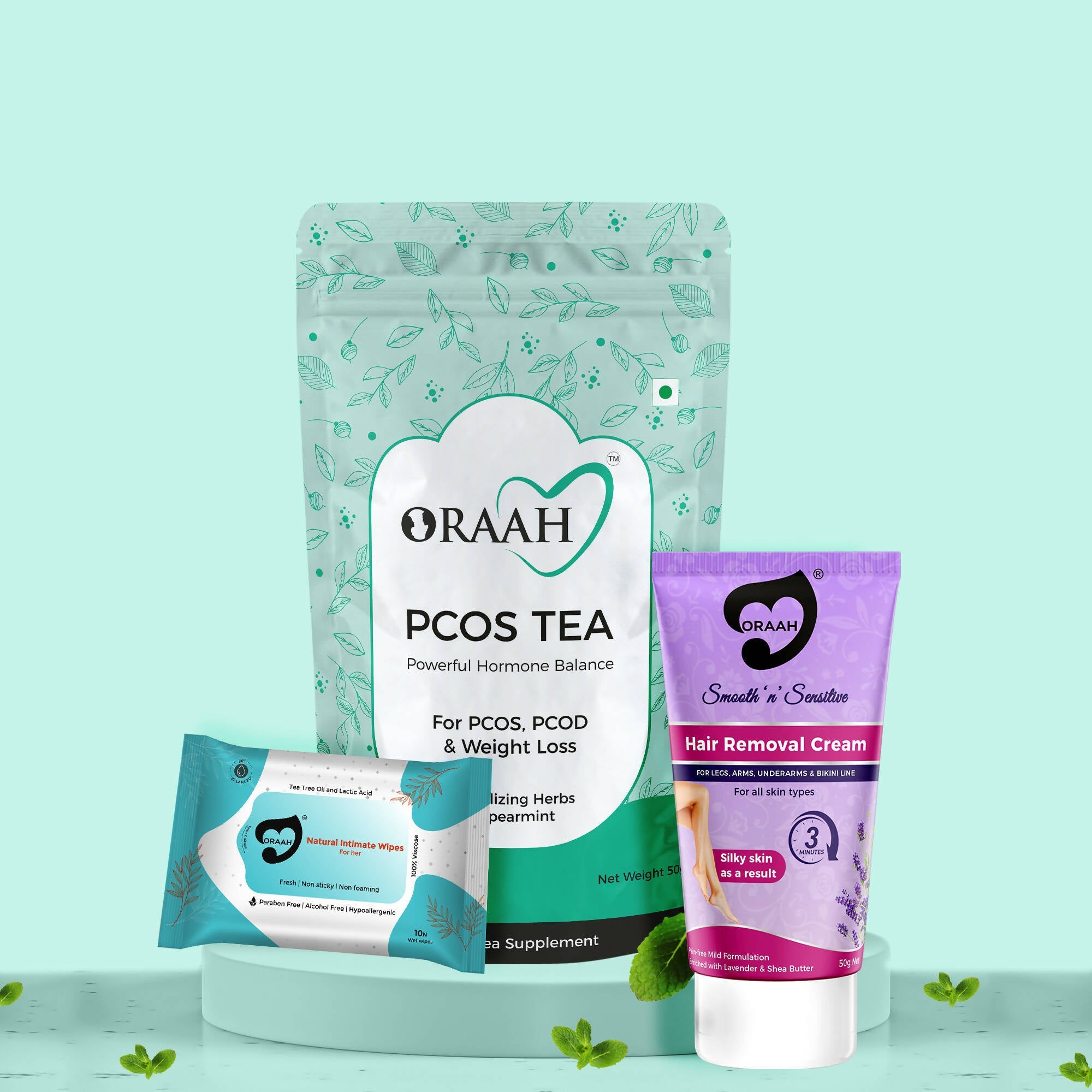 Oraah PCOS PCOD Care Combo (Spearmint Tea, Hair Removal Cream & Intimate Wipes) | Grocsy