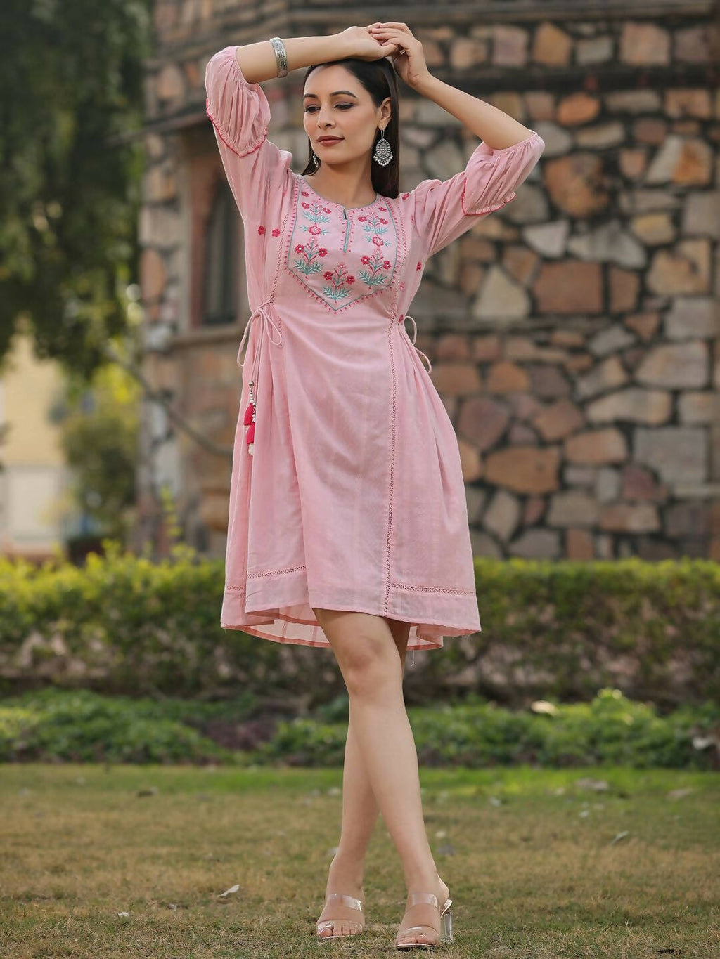 Juniper Women's Pink Cotton Dobby Embroidered Flared Dress | Grocsy