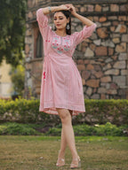 Juniper Women's Pink Cotton Dobby Embroidered Flared Dress | Grocsy