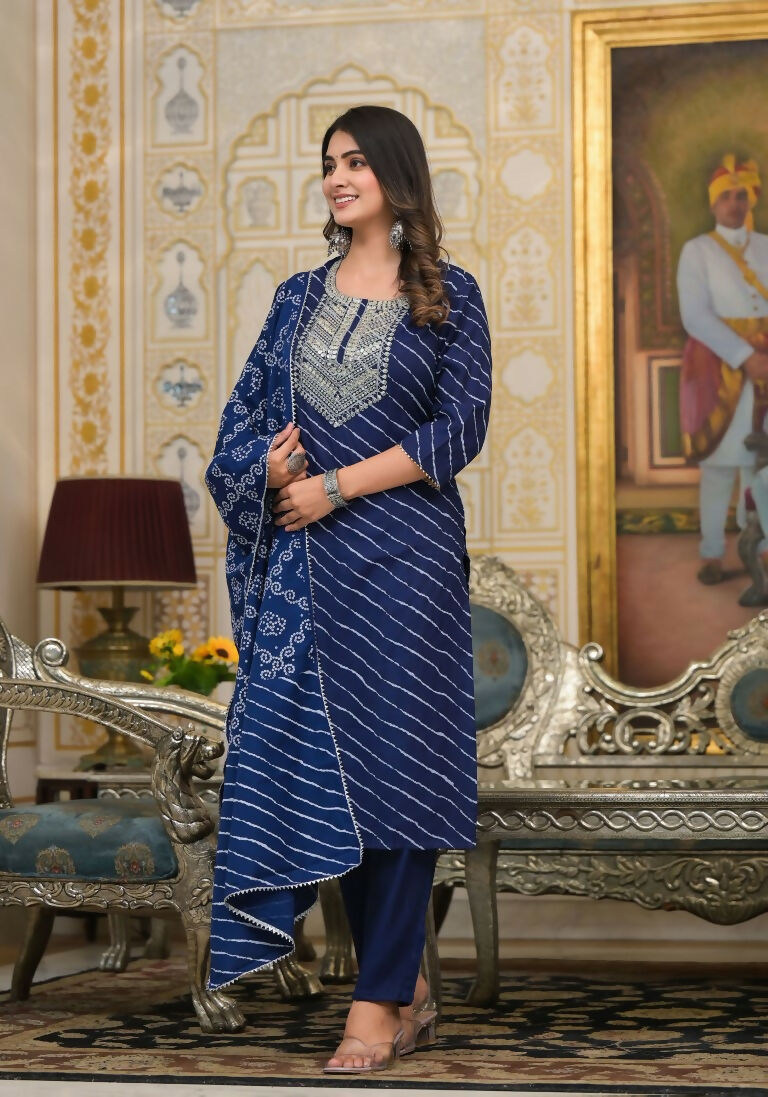 Partywear Designer Blue cotton Stitched Suit With Dupatta - Tanisha | Grocsy