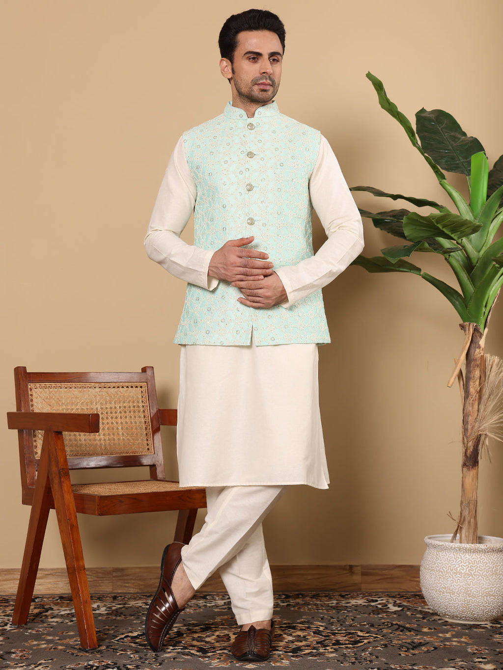 MULTI SHADES Men's Woven Design See Green Embroidered Nehru Jacket | Grocsy