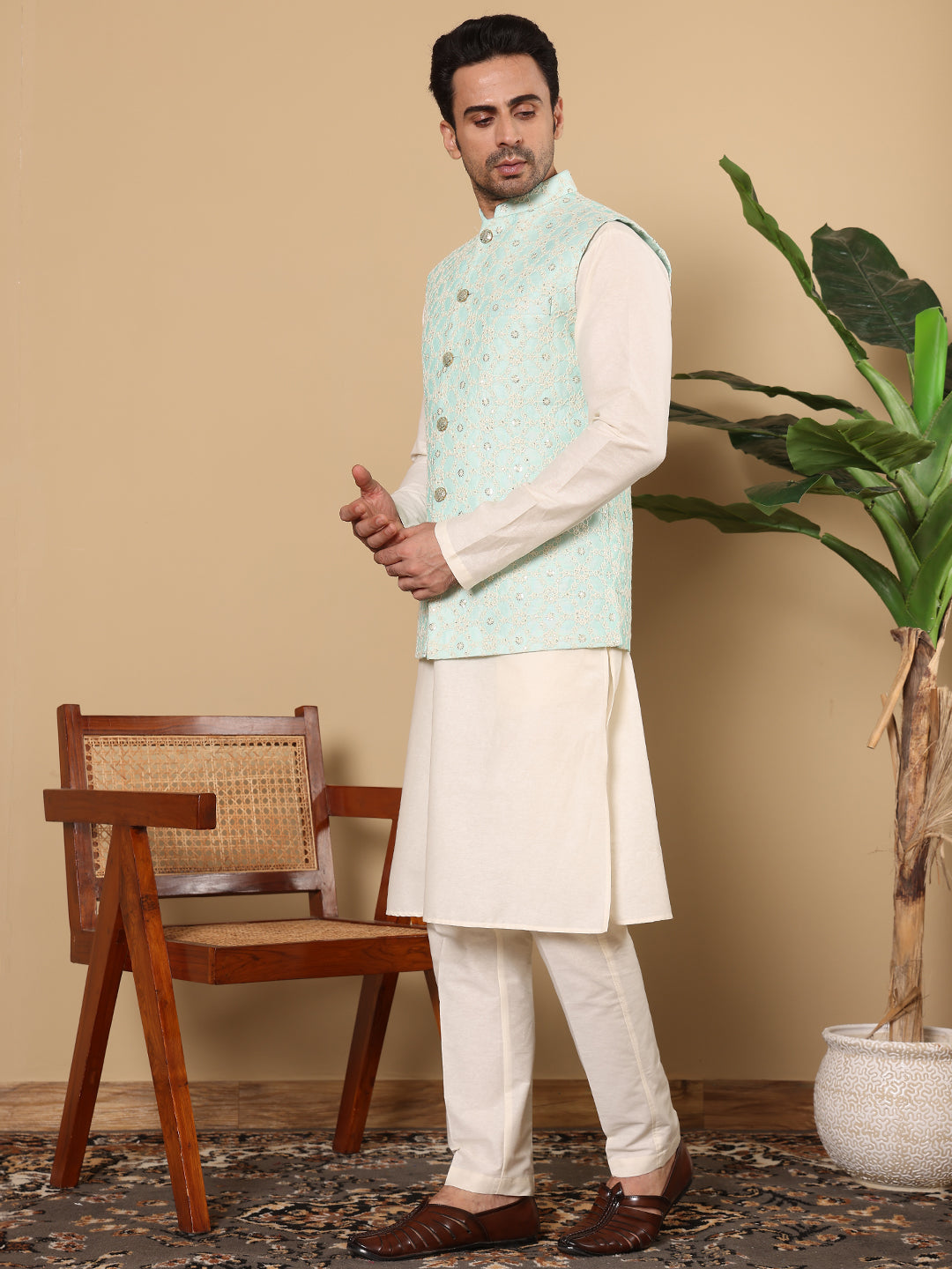 MULTI SHADES Men's Woven Design See Green Embroidered Nehru Jacket | Grocsy