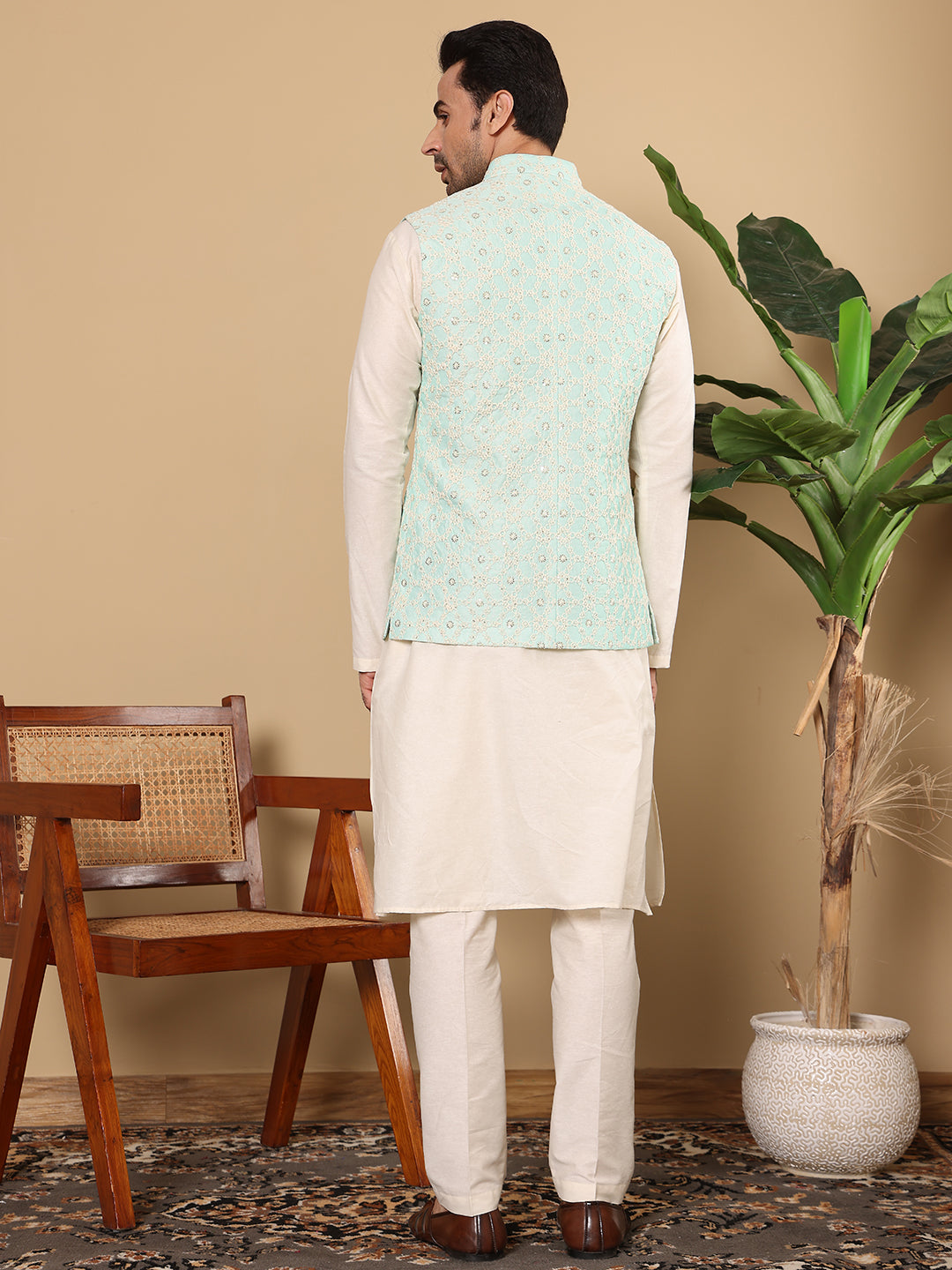 MULTI SHADES Men's Woven Design See Green Embroidered Nehru Jacket | Grocsy