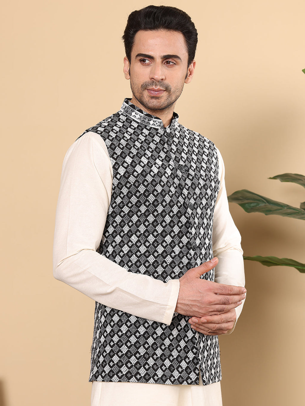 MULTI SHADES Men's Woven Design Black And White Embroidered Nehru Jacket | Grocsy
