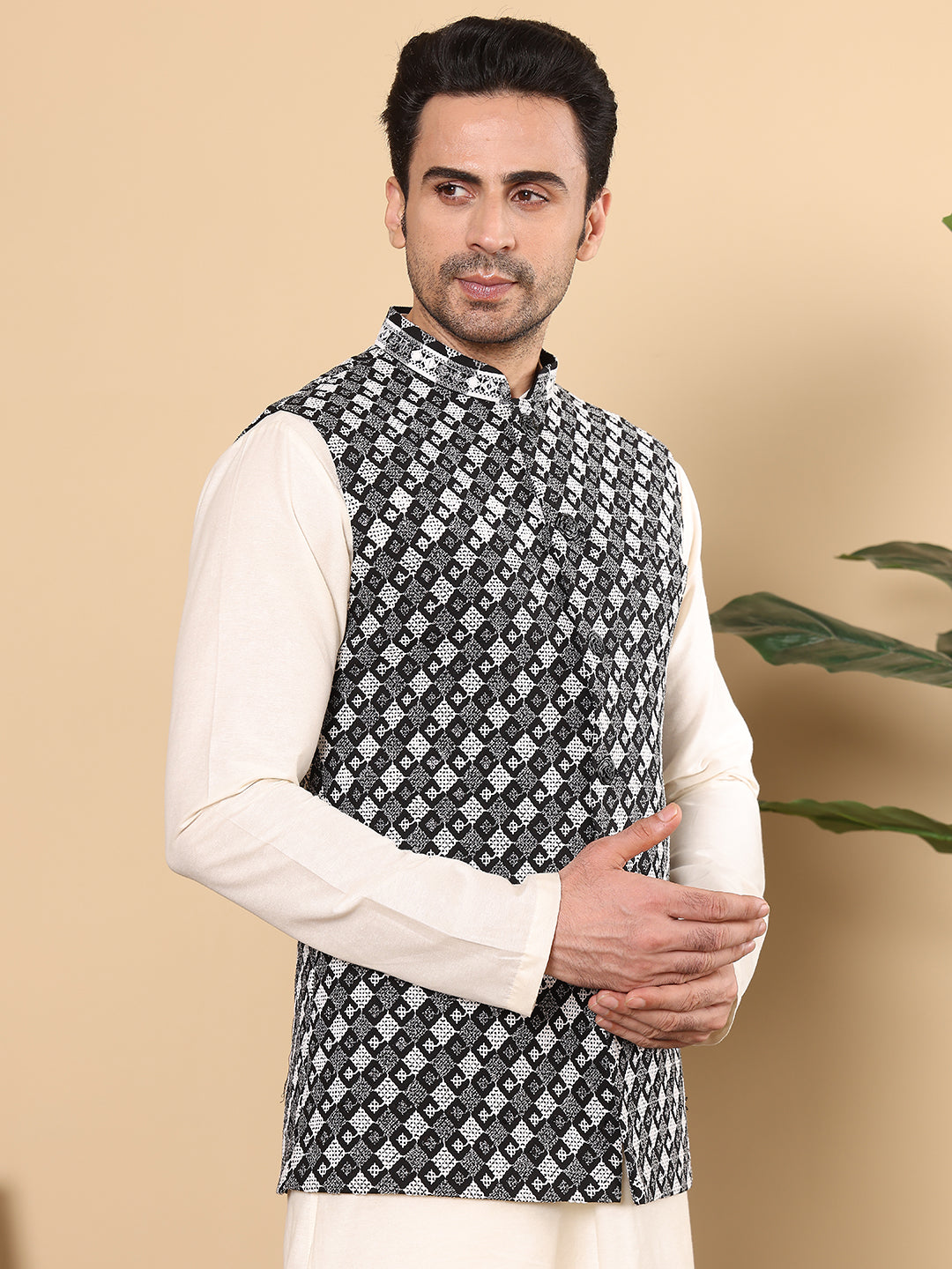 MULTI SHADES Men's Woven Design Black And White Embroidered Nehru Jacket | Grocsy